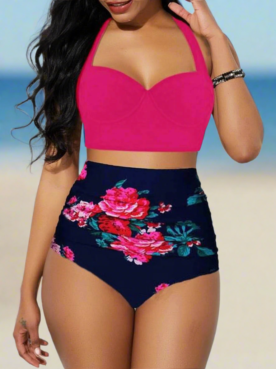 Go Theresa Tropical Bloom High-Waist Bikini Set