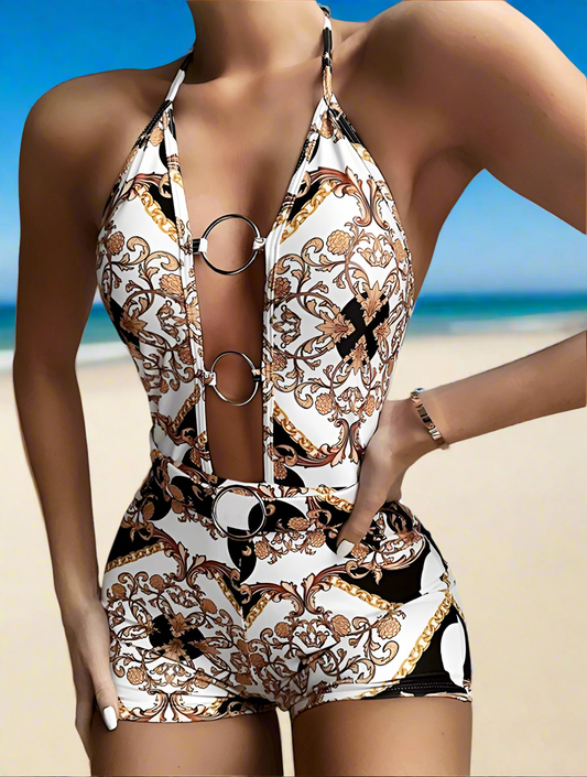 Go Goldie Locks Gold Chain Baroque Sexy Print Halter Romper