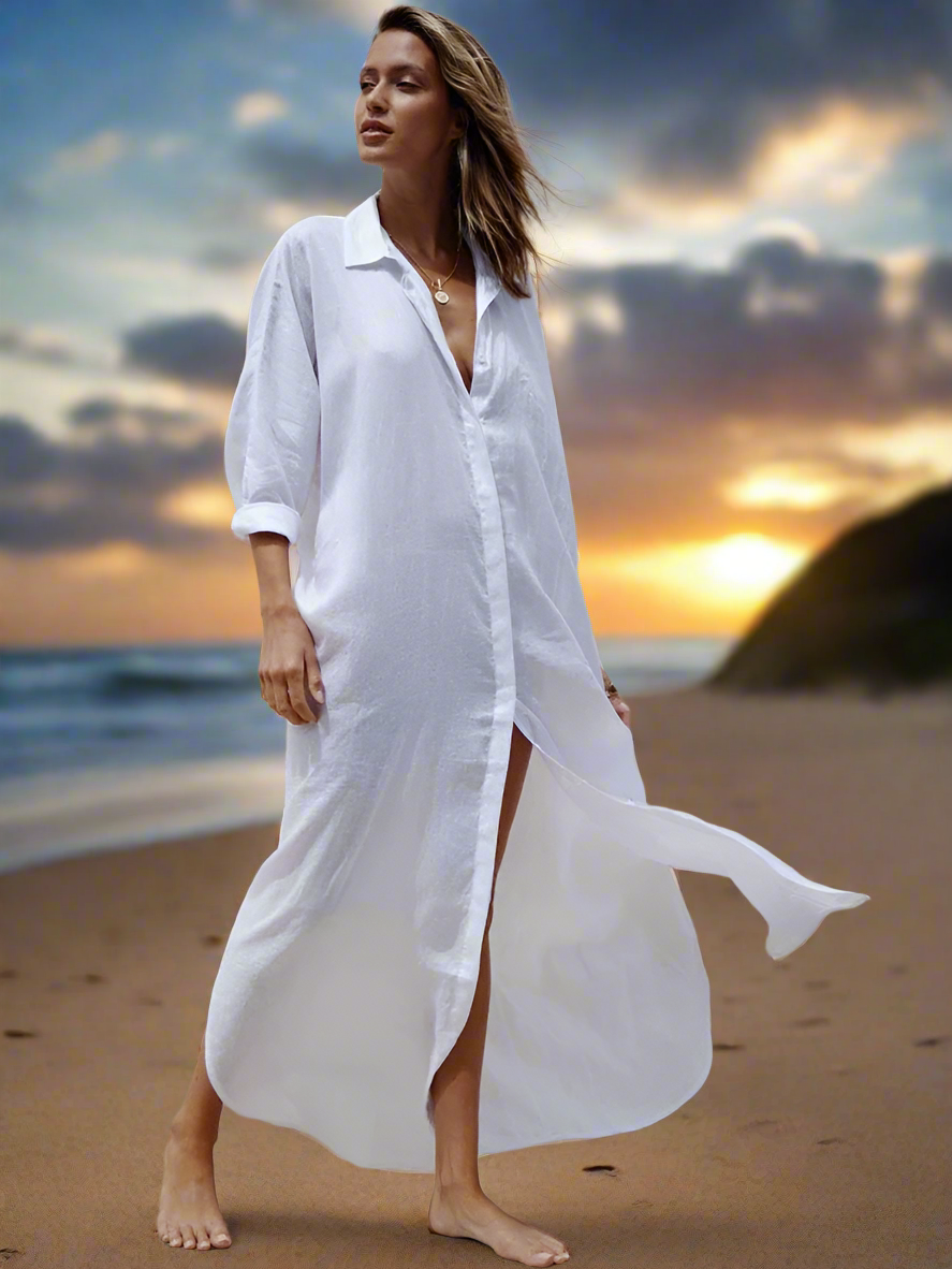 Go Charlotte Coastal Breeze Linen Shirt Dress Cover Up