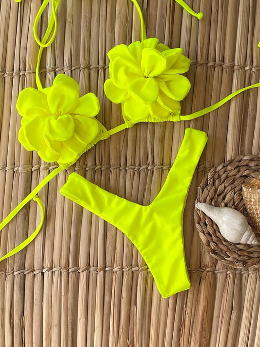 Go Nyla Neon Yellow Glow Sexy Petal Bloom 3D Floral Women Bikini Set