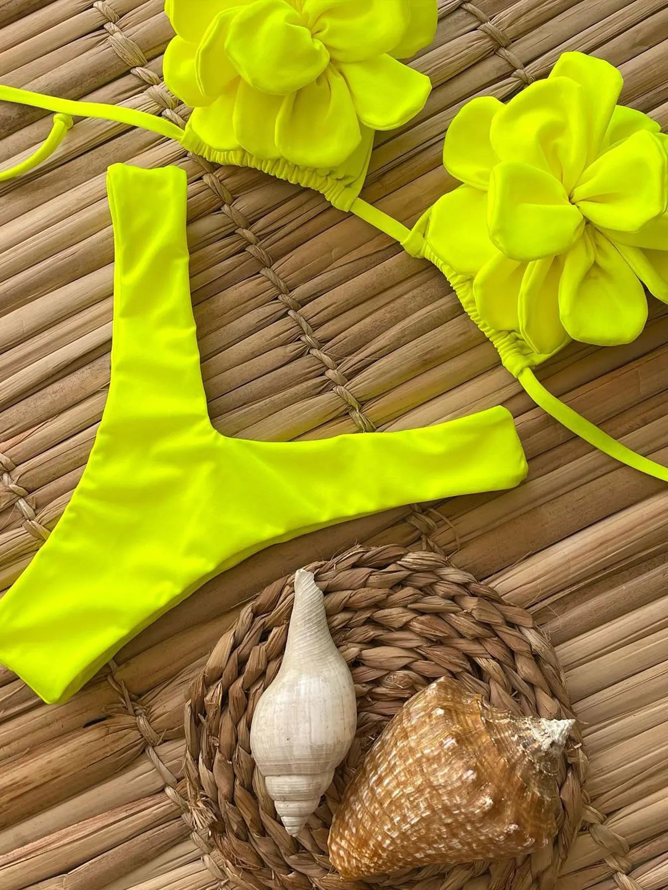 Go Nyla Neon Yellow Glow Sexy Petal Bloom 3D Floral Women Bikini Set
